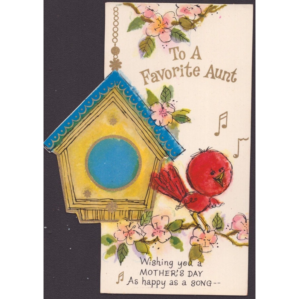 Vintage 1966 Hallmark Mother's Day Card Aunt Die Cut Birdhouse Red Bird